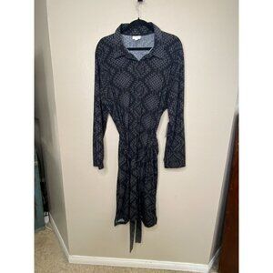 LuLaRoe Womens Ellie Geometric Print Collared Shirt Dress Waist Tie XL Black NEW